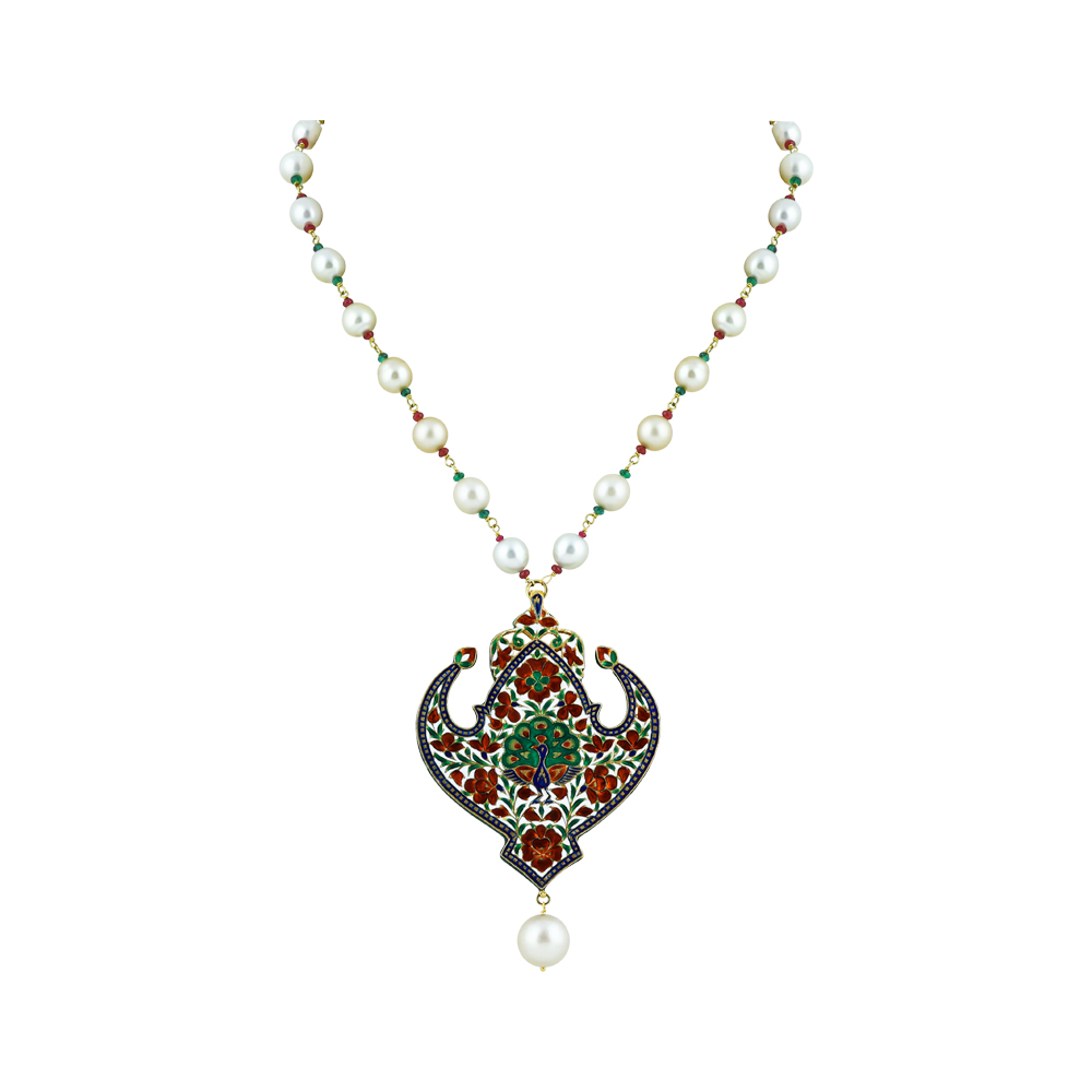 Pearl Necklace with Green-Red Enamel Pendant